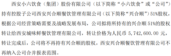 三亿体育app幼六饮食拟以57426万将所持有的兴合顺51%的股权让渡给西安城味鲜餐饮统治有限公司(图1)